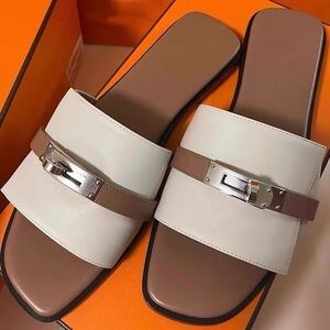 White and Brown with Silver Buckle detail Slide Sandals
